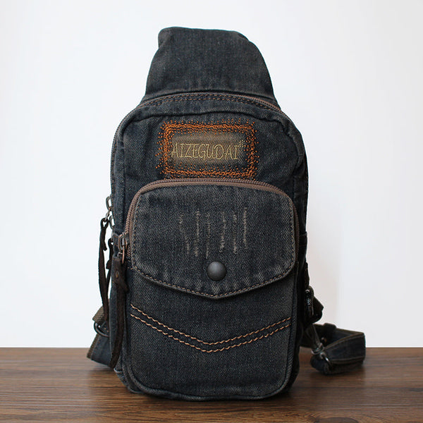 Vintage Blue Denim Mens Sling Bags Chest Bag Denim Cool Sling Bag For Men