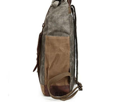 Side of vintage waxed canvas backpack