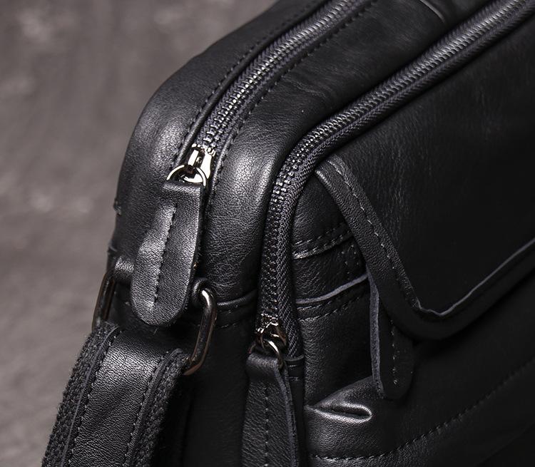 Mens Mini Messenger Bag. Black Leather Shoulder Bag 