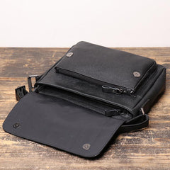 Black Leather Small Zipper Messenger Bag Small Side Bag Black Courier Bag Shoulder Bag For Men