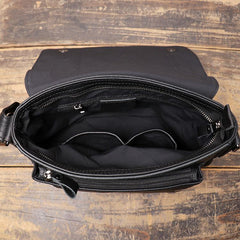 Black Leather Small Zipper Messenger Bag Small Side Bag Black Courier Bag Shoulder Bag For Men