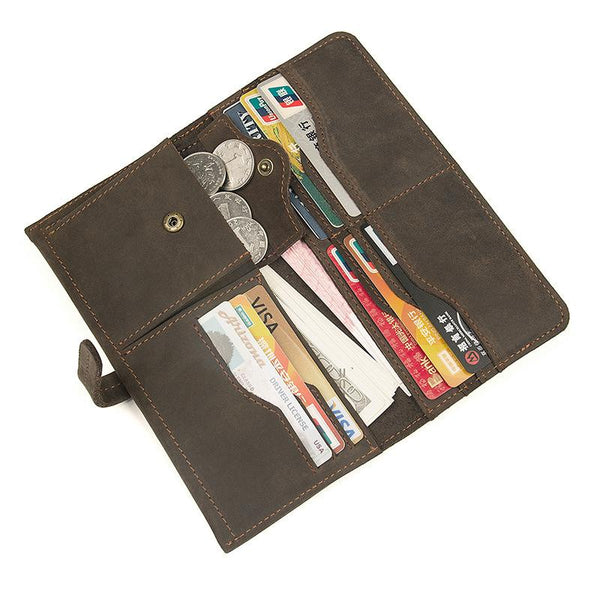 Coffee Leather Long Wallet for Men Checkbook Wallet Bifold Long Wallet With Coin Pocket For Men