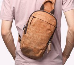 Cool Brown Mens Leather One Shoulder Backpack Chest Bag Sling Bag For Men