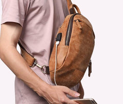 Cool Brown Mens Leather One Shoulder Backpack Chest Bag Sling Bag For Men