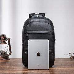 Black Cool Mens Leather College Backpack Laptop Backpack Black Travel Backpack for Men - imessengerbags