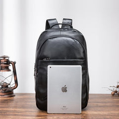 Black Cool Mens Leather College Backpack Laptop Backpack Black Travel Backpack for Men - imessengerbags