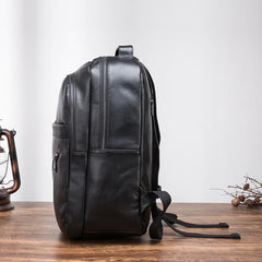 Black Cool Mens Leather College Backpack Laptop Backpack Black Travel Backpack for Men - imessengerbags