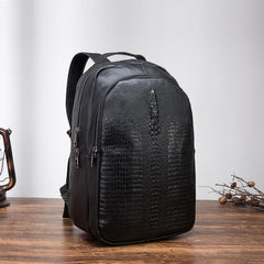 Black Cool Mens Leather College Backpack Laptop Backpack Black Travel Backpack for Men - imessengerbags