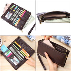 Fashion Black Leather Men's Bifold Long Wallet Brown Wristlet Wallet Clutch Wallet For Men - imessengerbags