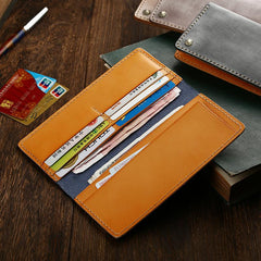 Simple Handmade Mens Brown Slim Long Wallet Blue Bifold Slim Card Wallet Clutch Wallet For Men - imessengerbags