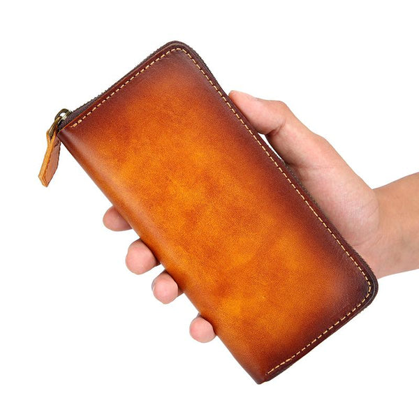 Cool Handmade Mens Brown Long Wallet Blue Bifold Card Wallet Zipper Clutch Wallet For Men - imessengerbags