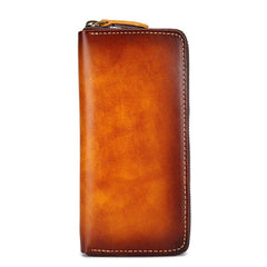 Cool Handmade Mens Brown Long Wallet Blue Bifold Card Wallet Zipper Clutch Wallet For Men - imessengerbags