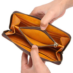 Cool Handmade Mens Brown Long Wallet Blue Bifold Card Wallet Zipper Clutch Wallet For Men - imessengerbags