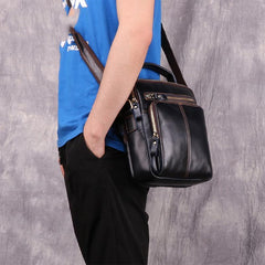 Cool Brown Leather Men's Small Vertical Side Bag Blue Vertical Messenger Bag For Men