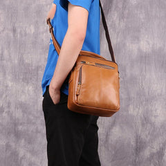 Cool Brown Leather Men's Small Vertical Side Bag Blue Vertical Messenger Bag For Men