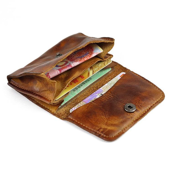 Vintage Brown Leather Men's Small Wallet Card Wallet Black billfold Front Pocket Wallet For Men - imessengerbags