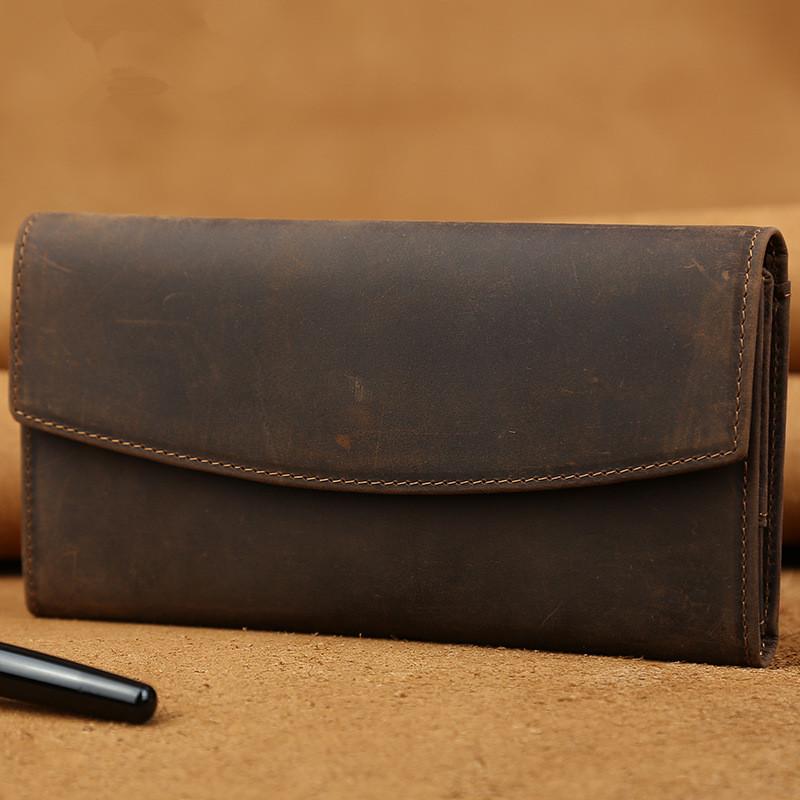 Cool Leather Wallet Men's Trifold Long Wallet Vintage Long Wallet For Men