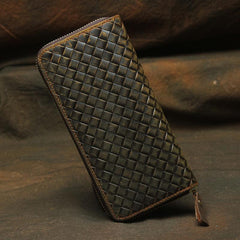 Vintage Braided Brown Leather Men's Clutch Long Wallet Zipper Long Wallet For Men - imessengerbags