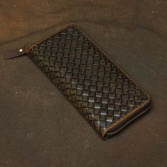 Vintage Braided Brown Leather Men's Clutch Long Wallet Zipper Long Wallet For Men - imessengerbags