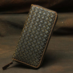 Vintage Braided Brown Leather Men's Clutch Long Wallet Zipper Long Wallet For Men - imessengerbags