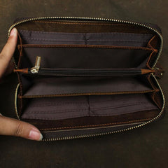 Vintage Braided Brown Leather Men's Clutch Long Wallet Zipper Long Wallet For Men - imessengerbags
