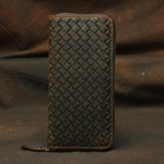 Vintage Braided Brown Leather Men's Clutch Long Wallet Zipper Long Wallet For Men - imessengerbags