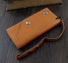 Badass Brown Leather Men's Trifold Biker Wallet Biker Chain Wallet Long Wallet with Chain For Men - imessengerbags