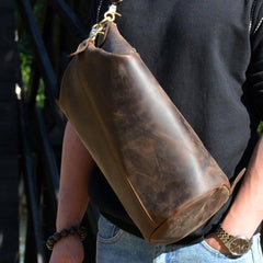 Cool Mens Leather Barrel Chest Bags Bucket Sling Bag One Shoulder Backpack For Men