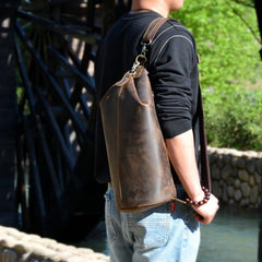 Cool Mens Leather Barrel Chest Bags Bucket Sling Bag One Shoulder Backpack For Men