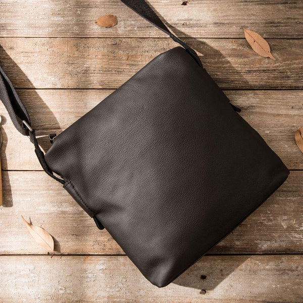 Small Cool Black Square Leather Mens Messenger Bags Shoulder Bags for Men - imessengerbags