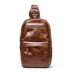 Cool Black Leather Men's Sling Bag Chest Bag Sling Crossbody Bag Brown One Shoulder Backpack For Men