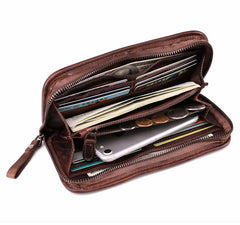 Vintage Brown Leather Men's Long Wallet Black Clutch Wallet Zipper Long Wallet For Men - imessengerbags