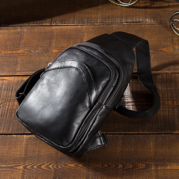 Soft Leather Mens Black One Shoulder Backpack Chest Bag Sling Bag Sling Crossbody Bag For Men - imessengerbags