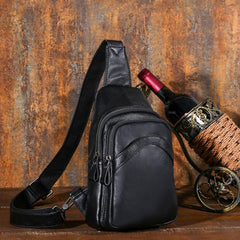 Soft Leather Mens Black One Shoulder Backpack Chest Bag Sling Bag Sling Crossbody Bag For Men - imessengerbags