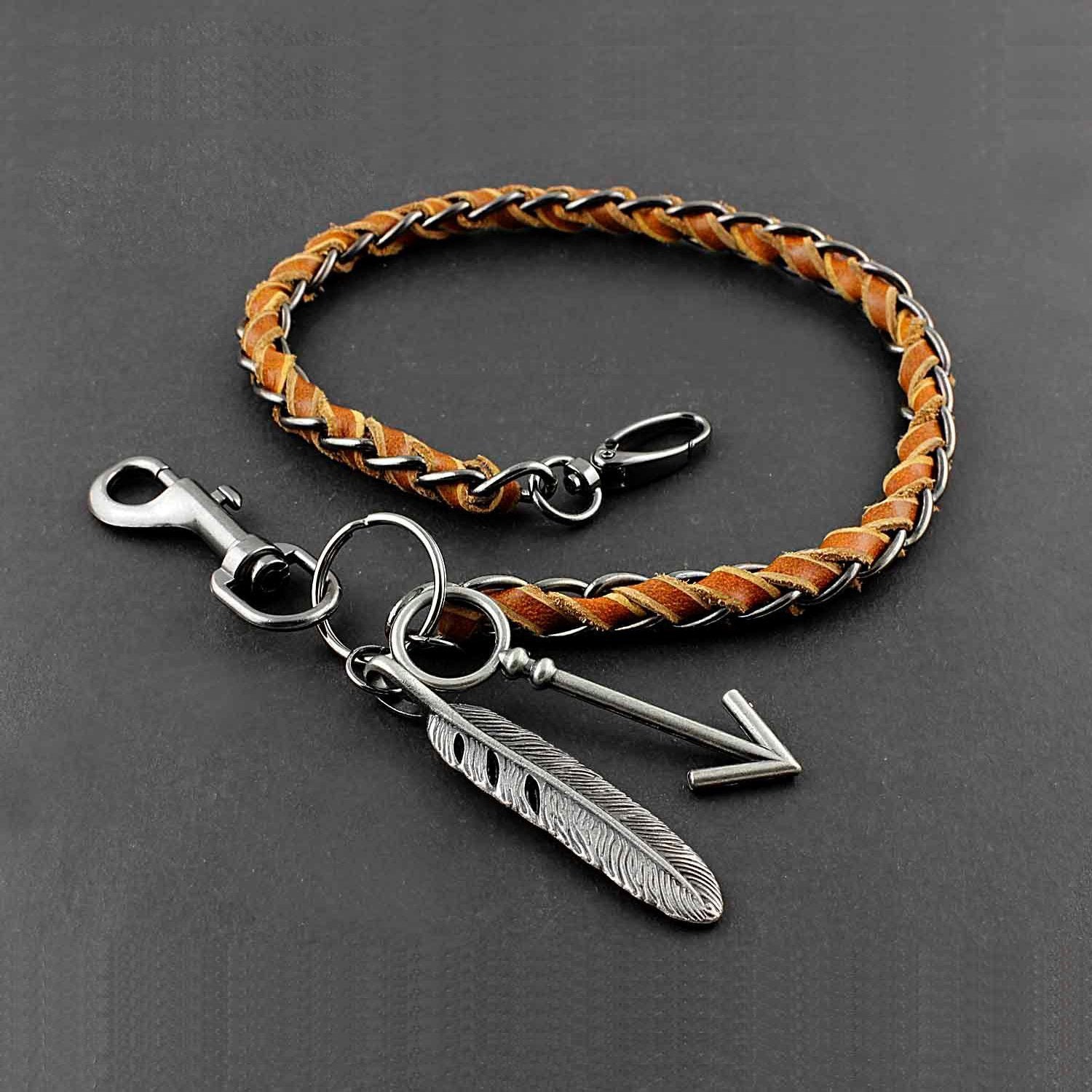 Solid Stainless Steel Leather Braided Long Wallet Chain Cool Punk Rock Biker Trucker Wallet Chain Trucker Wallet Chain for Men