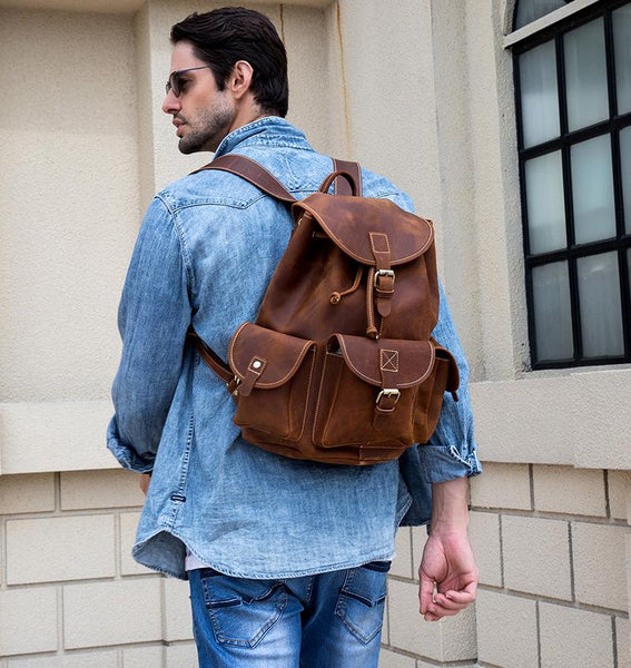 Vintage Leather Mens 14inch Laptop Backpack Travel Backpacks School Backpacks for Men - imessengerbags