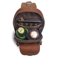 Cool Brown Leather Men's Sling Bag Chest Bag One-Shoulder Backpack For Men - imessengerbags