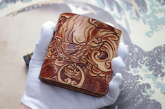 Handmade Leather Chinese Lion Tooled Mens billfold Wallet Cool Slim Wallet Biker Wallet for Men