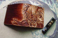 Handmade Leather Chinese Lion Tooled Mens billfold Wallet Cool Slim Wallet Biker Wallet for Men