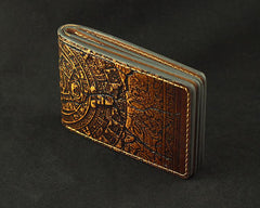 Handmade Leather Tooled Xiuhpohualli Calendar License Wallet Mens Card billfold Wallet Cool Leather Wallet Slim Wallet for Men - imessengerbags