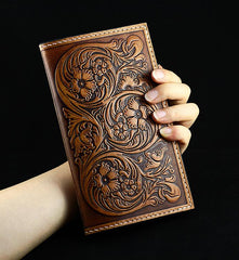 Handmade Leather Tooled Floral Mens Long Wallet Cool Leather Wallet Clutch Wallet for Men - imessengerbags