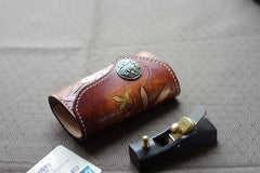 Handmade Leather Tooled Lily Flower Biker Mens Cool Car Key Wallet KeyChain for Men - imessengerbags