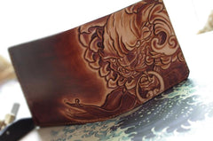 Handmade Leather Chinese Lion Tooled Mens billfold Wallet Cool Slim Wallet Biker Wallet for Men