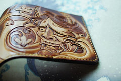 Handmade Leather Prajna Tooled Mens billfold Wallet Cool Slim Wallet Biker Wallet for Men