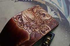 Handmade Leather Chinese Lion Tooled Mens billfold Wallet Cool Slim Wallet Biker Wallet for Men