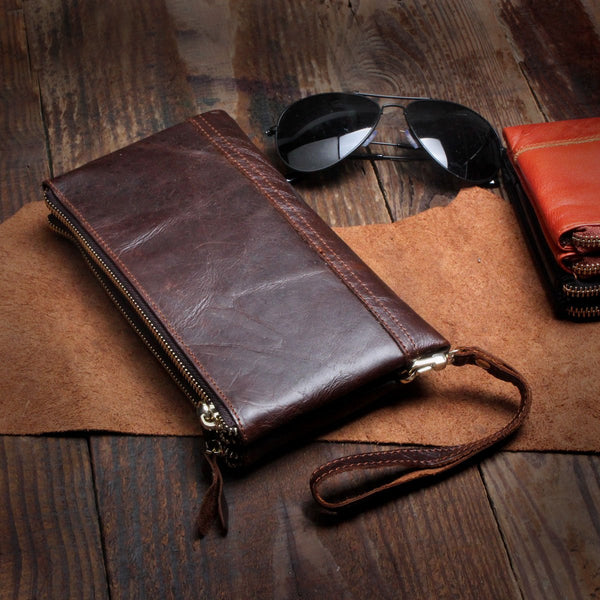 Handmade Leather Mens Cool Long Leather Wallet Slim Zipper Clutch Wristlet Wallet for Men - imessengerbags