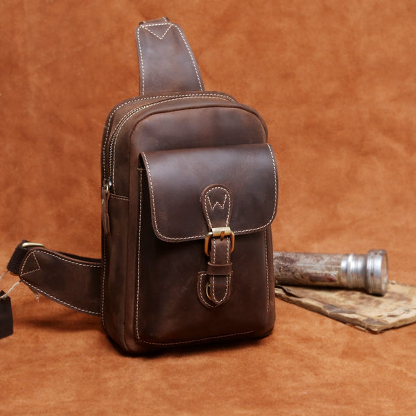 Handmade Leather Mens Cool Chest Bag Sling Bag Crossbody Bag Travel Bag Hiking Bag for men