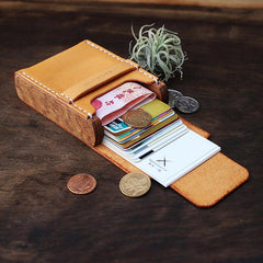 Handmade Cool Wooden Brown Leather Mens Wallet Small Card Holder Coin Wallet for Men - imessengerbags