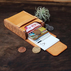 Handmade Wooden Brown Leather Cool Mens Wallet Small Card Holder Coin Wallet for Men