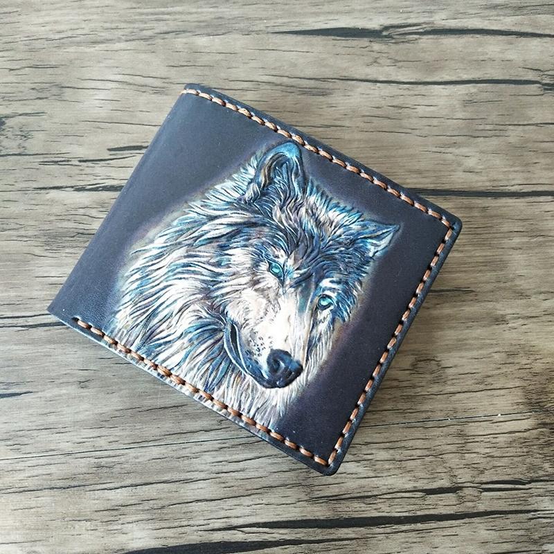 Handmade Leather Wolf Tooled Mens billfold Wallet Cool Leather Wallet Slim Wallet for Men - imessengerbags